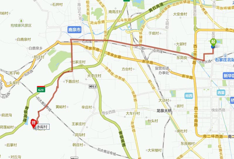 沿和平路或是新华路行驶,进入鹿泉区城区道,经土家庄村,下聂庄村,梁